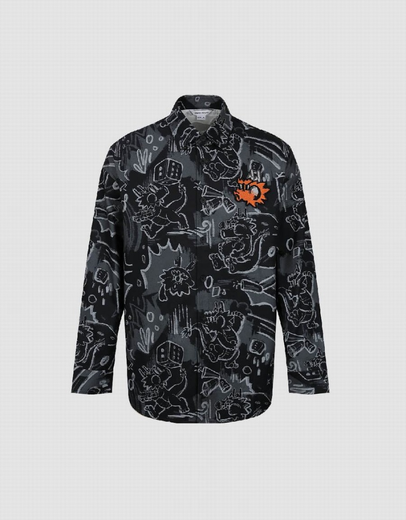 Black Men's Urban Revivo Graffiti Printed Button Up Loose Shirts | EBL9073YH