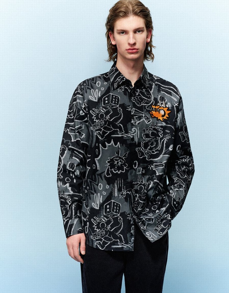 Black Men's Urban Revivo Graffiti Printed Button Up Loose Shirts | EBL9073YH