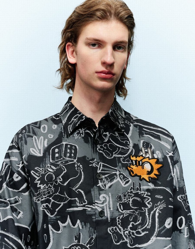 Black Men's Urban Revivo Graffiti Printed Button Up Loose Shirts | EBL9073YH