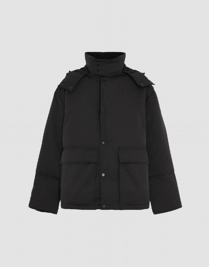 Black Men's Urban Revivo Hooded Stand Collar Down Jackets | QSD8528HH