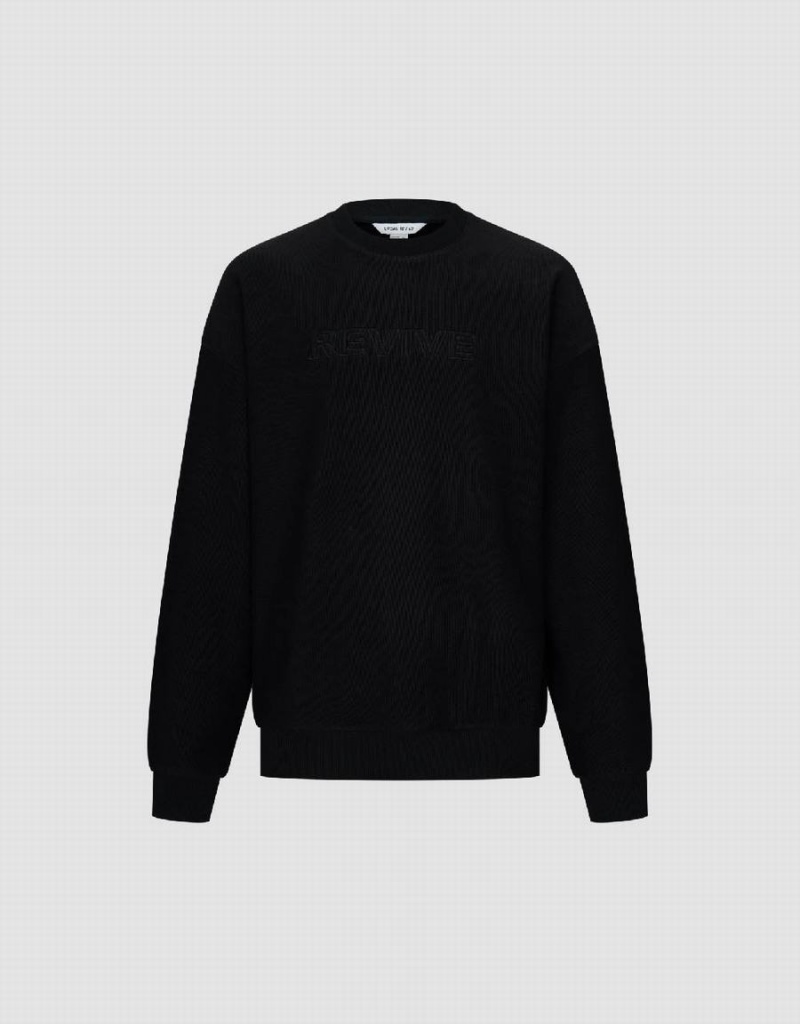 Black Men's Urban Revivo Letter Embossed Crew Neck Sweatshirts | NQC922GM