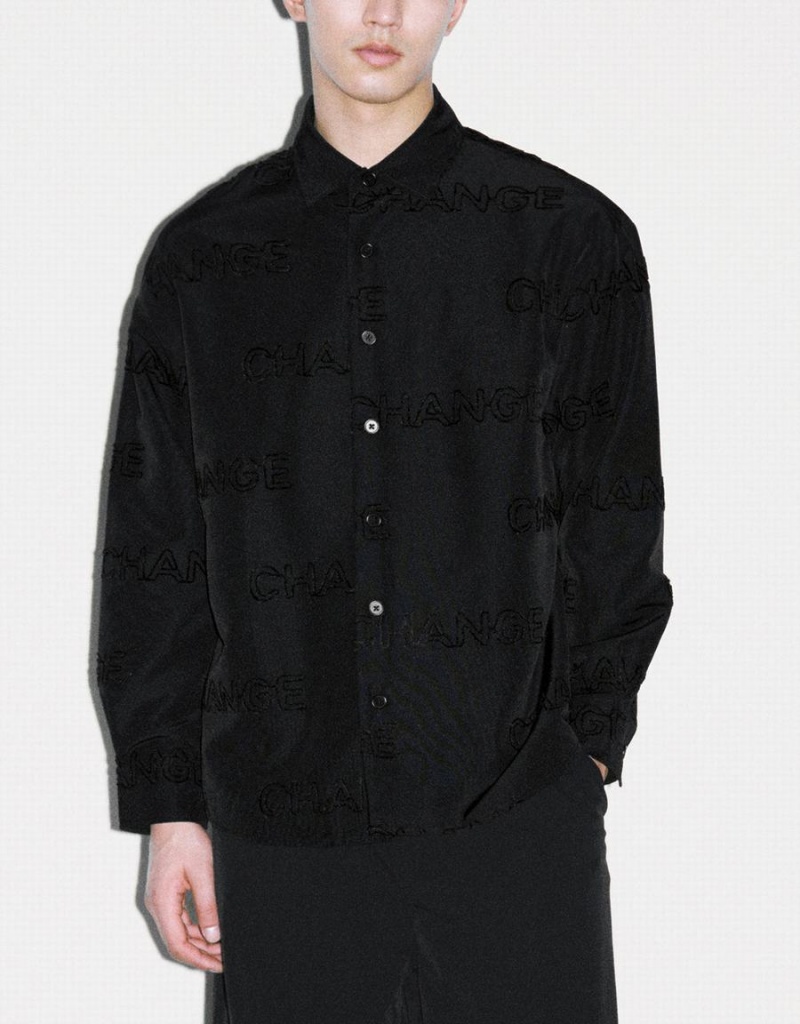 Black Men's Urban Revivo Letter Printed Button Up Oversized Shirts | ZVL8843ON