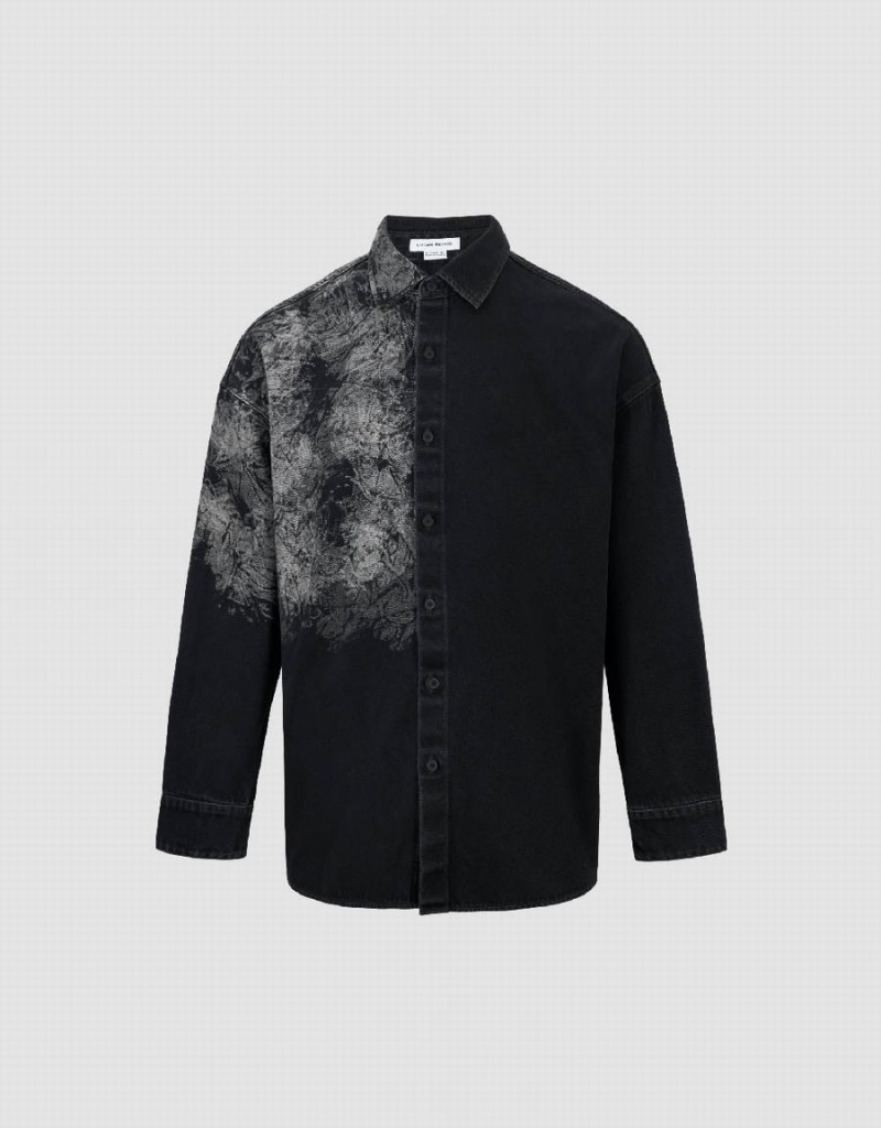 Black Men\'s Urban Revivo Printed Loose Denim Shirts | EEA165HD