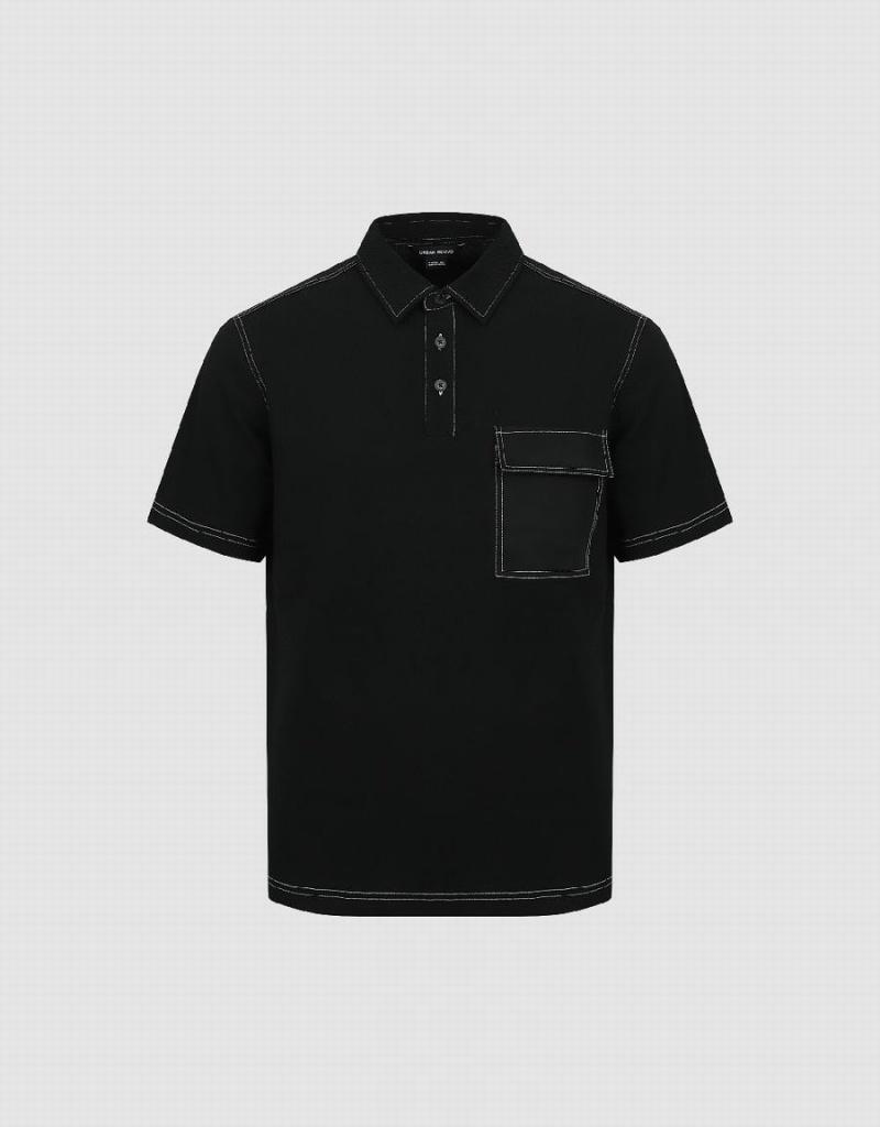 Black Men's Urban Revivo Straight Polo Shirts | SXO4953GJ