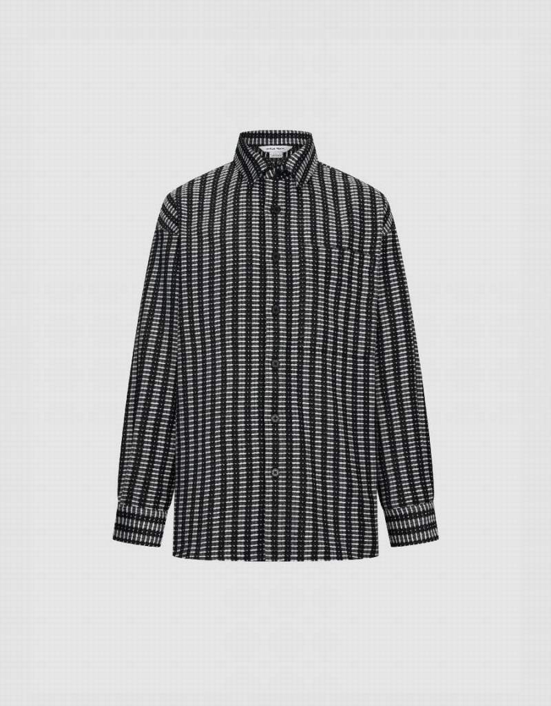 Black Men's Urban Revivo Striped Button Up Oversized Shirts | KFU4340WM