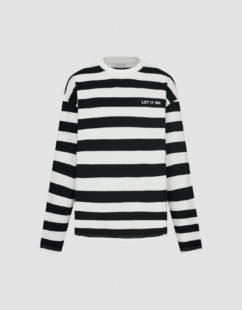 Black Men's Urban Revivo Striped Crew Neck T Shirts | USS9790SM