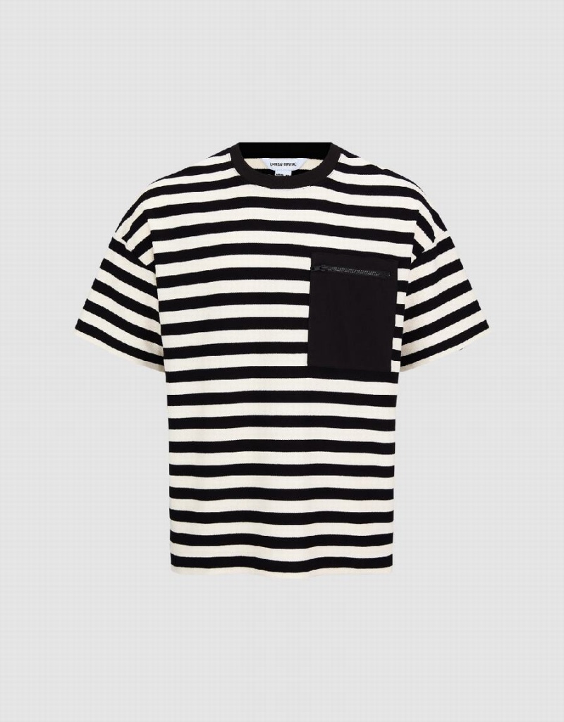 Black Men's Urban Revivo Striped Crew Neck T Shirts | BCX9447IG