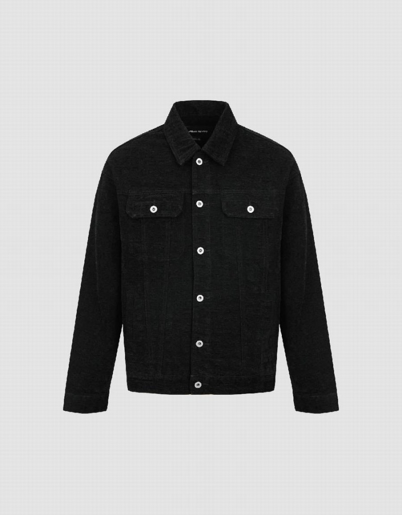 Black Men's Urban Revivo Textured Button Up Denim Jackets | KAI2755EO