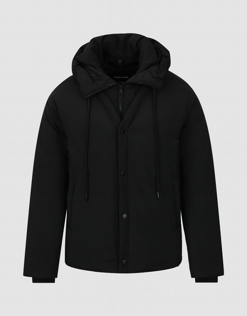 Black Men's Urban Revivo Zipper Front Hooded Down Jackets | NFH4563HQ