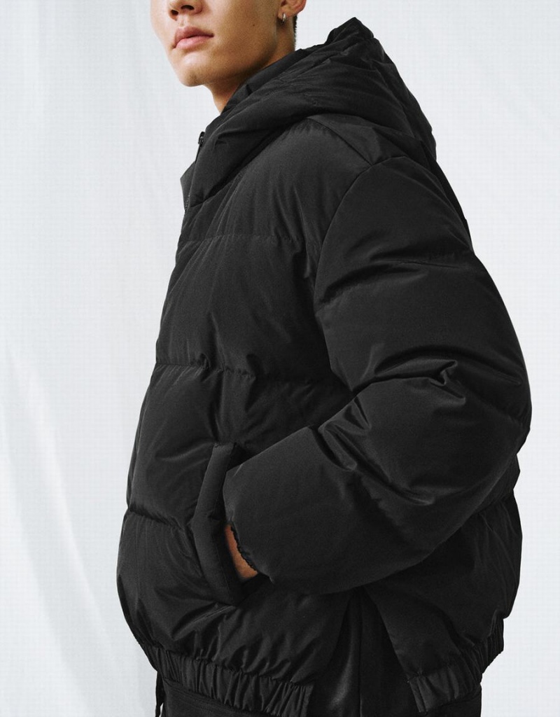 Black Men's Urban Revivo Zipper Front Hooded Down Jackets | TXW521XM