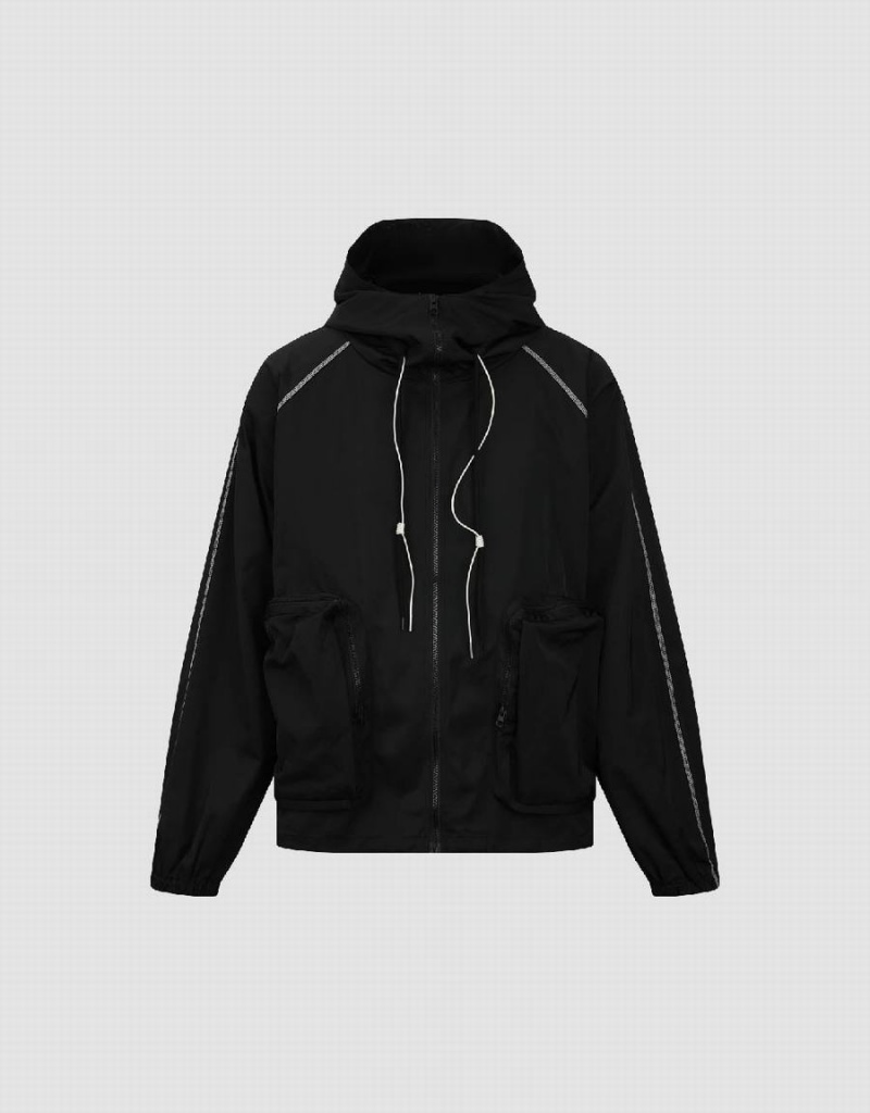 Black Men's Urban Revivo Zipper Front Oversized Hooded Jackets | LWM8589ZO