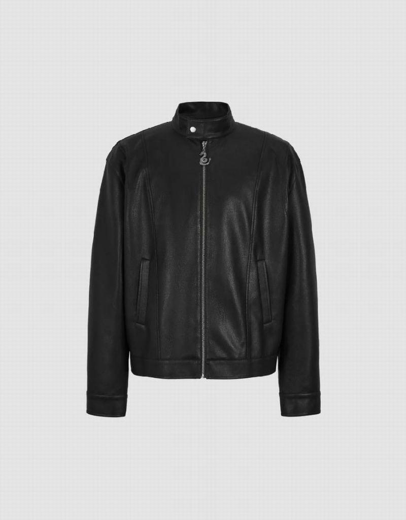 Black Men's Urban Revivo Zipper Front Vegan Leather Jackets | TSF757TI