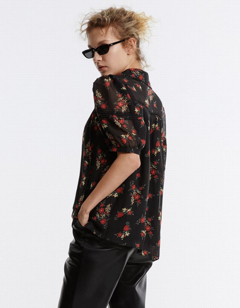 Black Red Women's Urban Revivo Floral Button Up Shirts | SYU3640YE