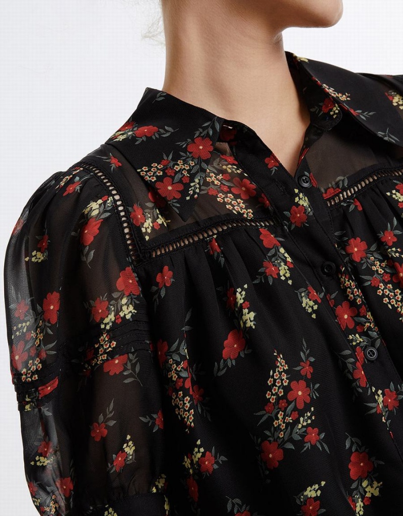 Black Red Women's Urban Revivo Floral Button Up Shirts | SYU3640YE