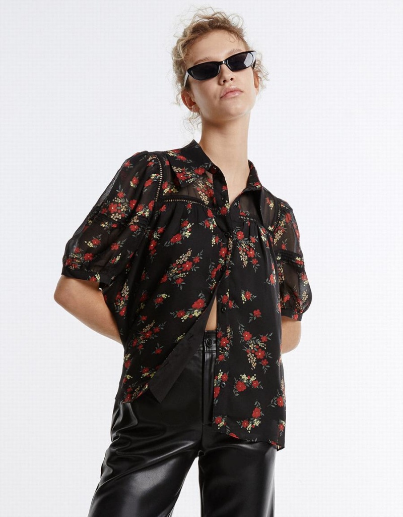 Black Red Women\'s Urban Revivo Floral Button Up Shirts | SYU3640YE