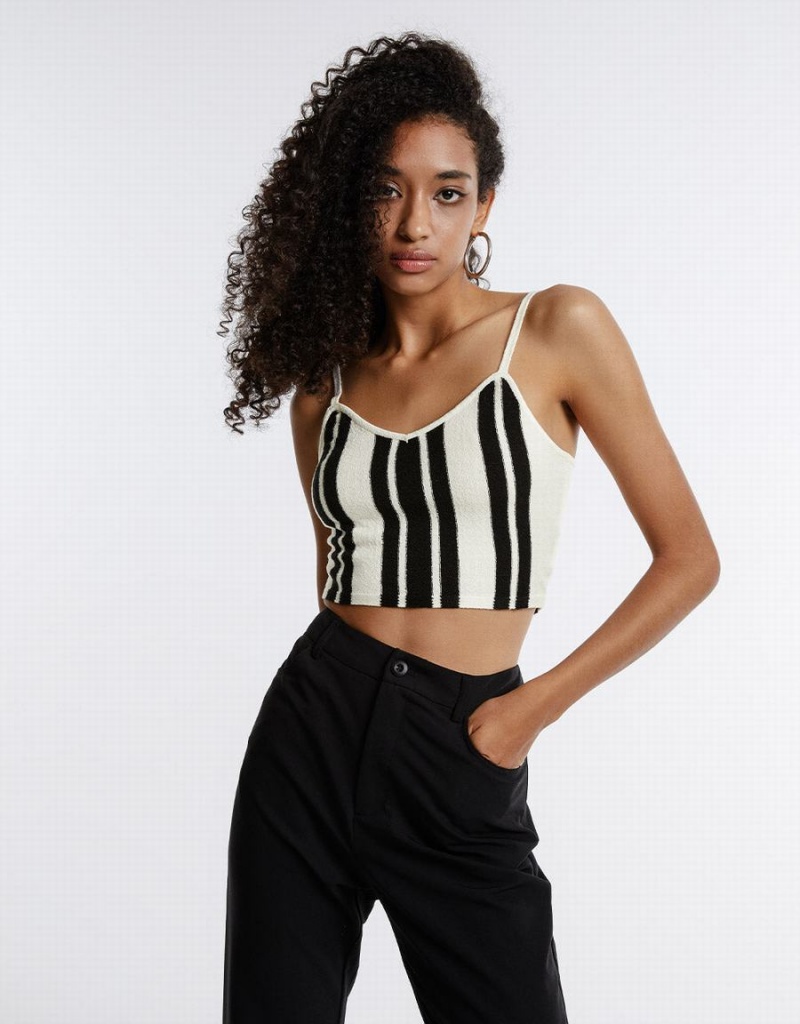 Black White Women's Urban Revivo Striped Knitted Camisole Cardigan | HKI7770XC