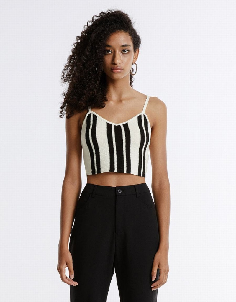 Black White Women\'s Urban Revivo Striped Knitted Camisole Cardigan | HKI7770XC