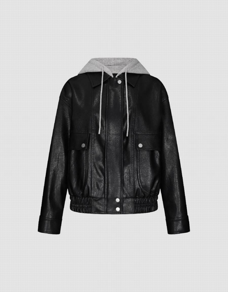 Black Women's Urban Revivo 2 In 1 Hooded Vegan Leather Jackets | VCO4747ZU