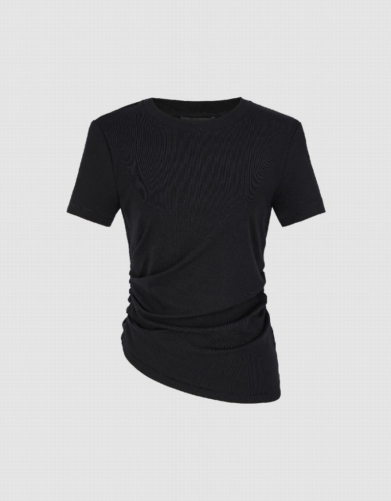 Black Women's Urban Revivo Asymmetric Ruched T Shirts | FRM3477FY