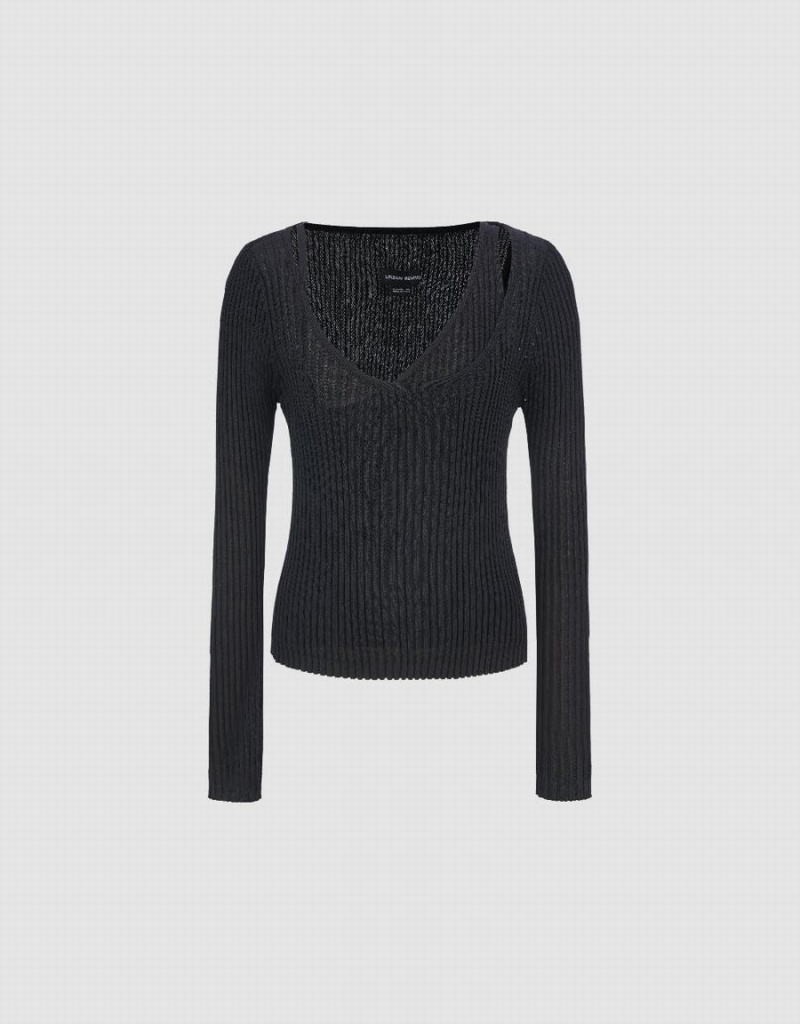 Black Women's Urban Revivo Crew Neck Knitted Cardigan | BQF4979OS