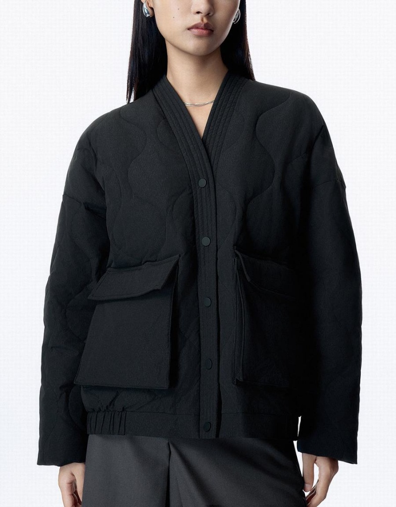 Black Women's Urban Revivo Drop Shoulder Sleeve V-Neck Down Jackets | FQH5081BL