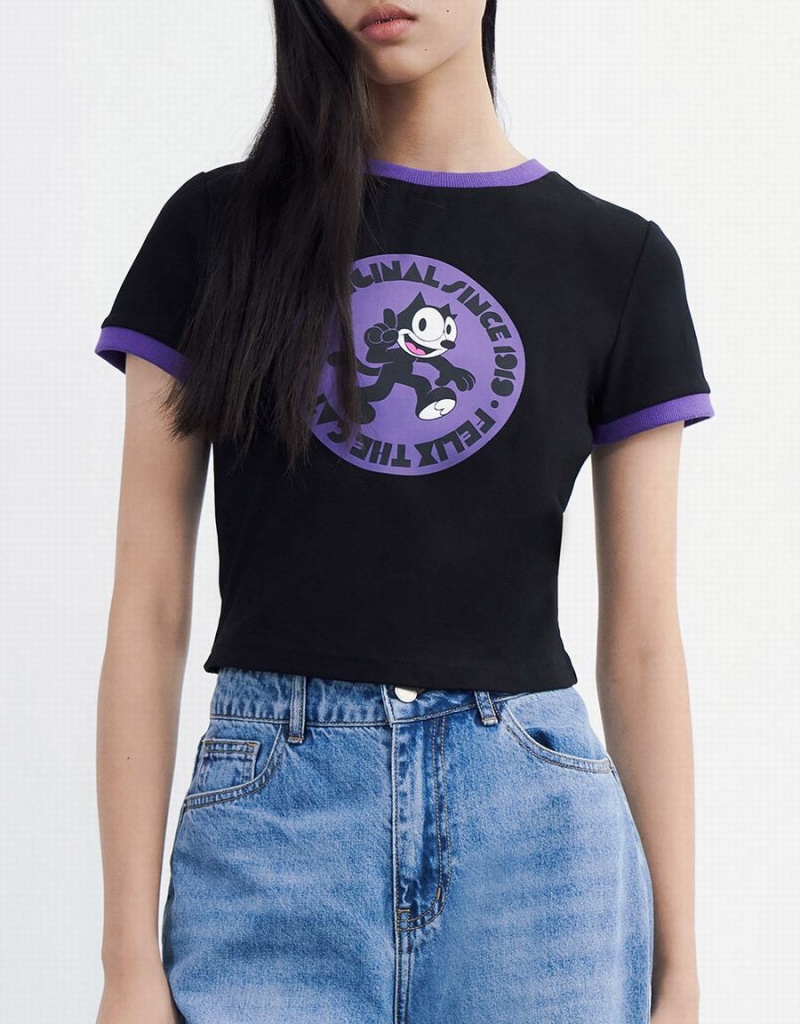 Black Women's Urban Revivo Felix The Cat T Shirts | UHN3237IN