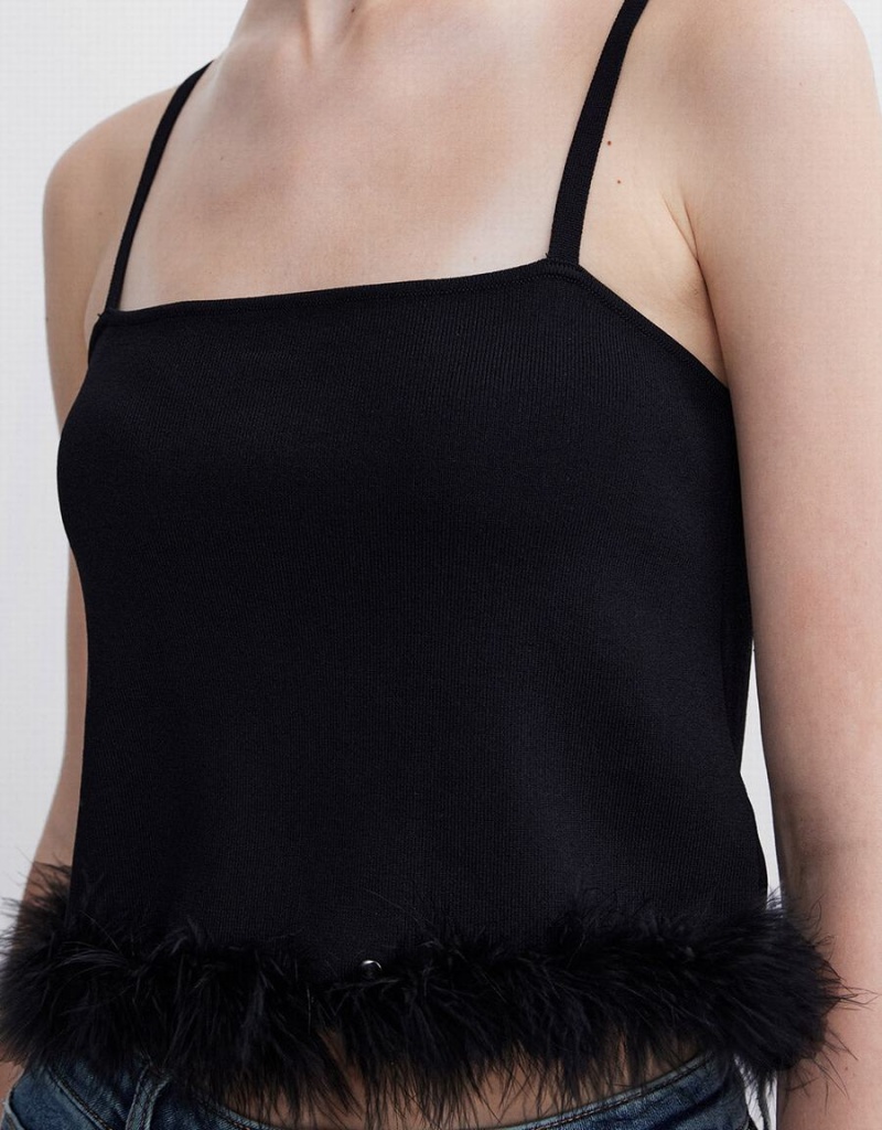 Black Women's Urban Revivo Fluffy Trim Knitted Cami Tank Top | VKX2466LC