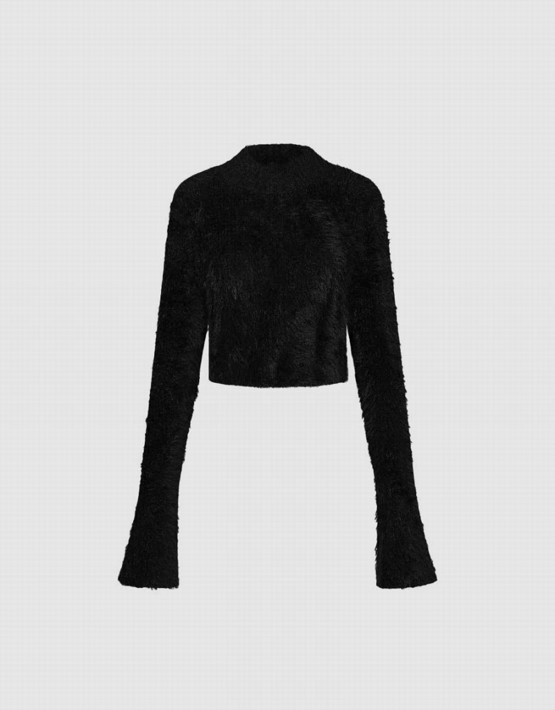 Black Women's Urban Revivo Furry Turtle Neck Knitted Cardigan | UKJ7370GE