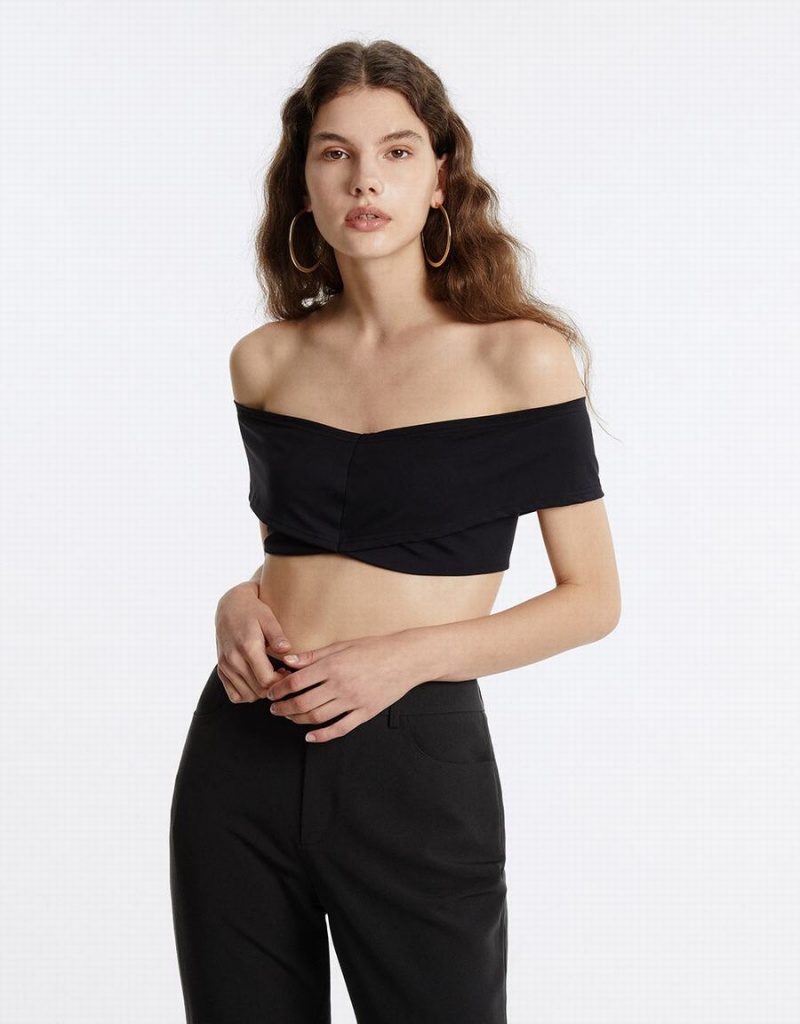 Black Women\'s Urban Revivo Off-Shoulder Cropped Top Bandeau | OQO10039UH