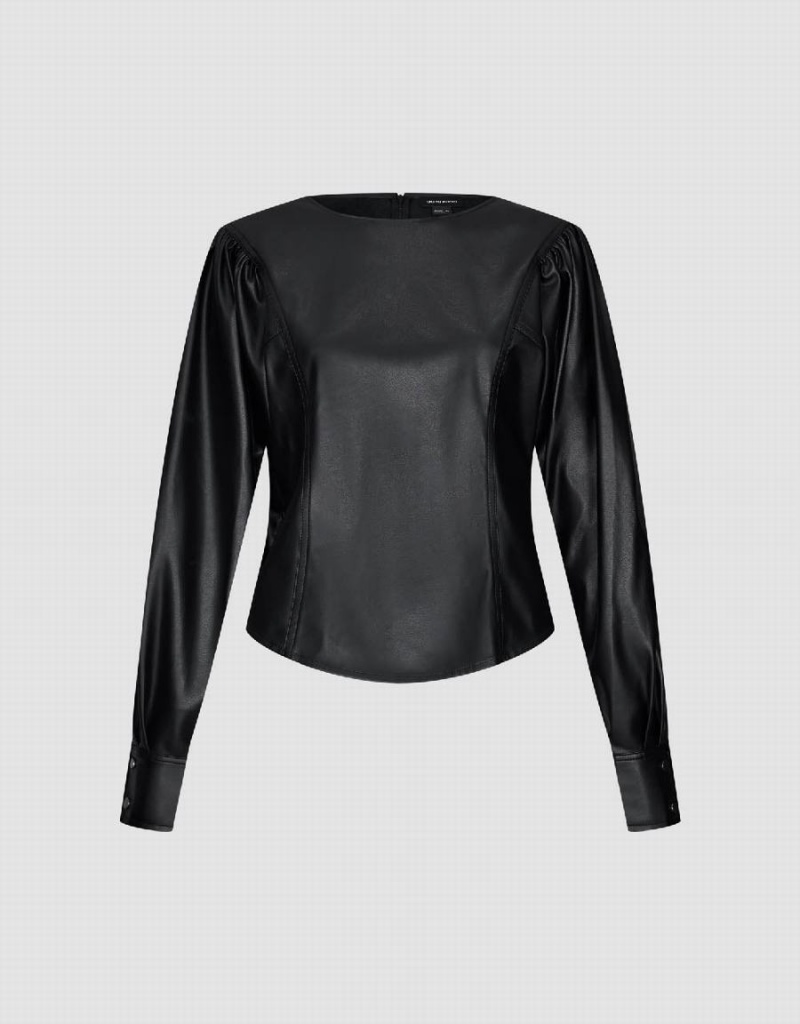 Black Women's Urban Revivo Puff Sleeve Vegan Leather Overhead Blouse | ASV4573DT