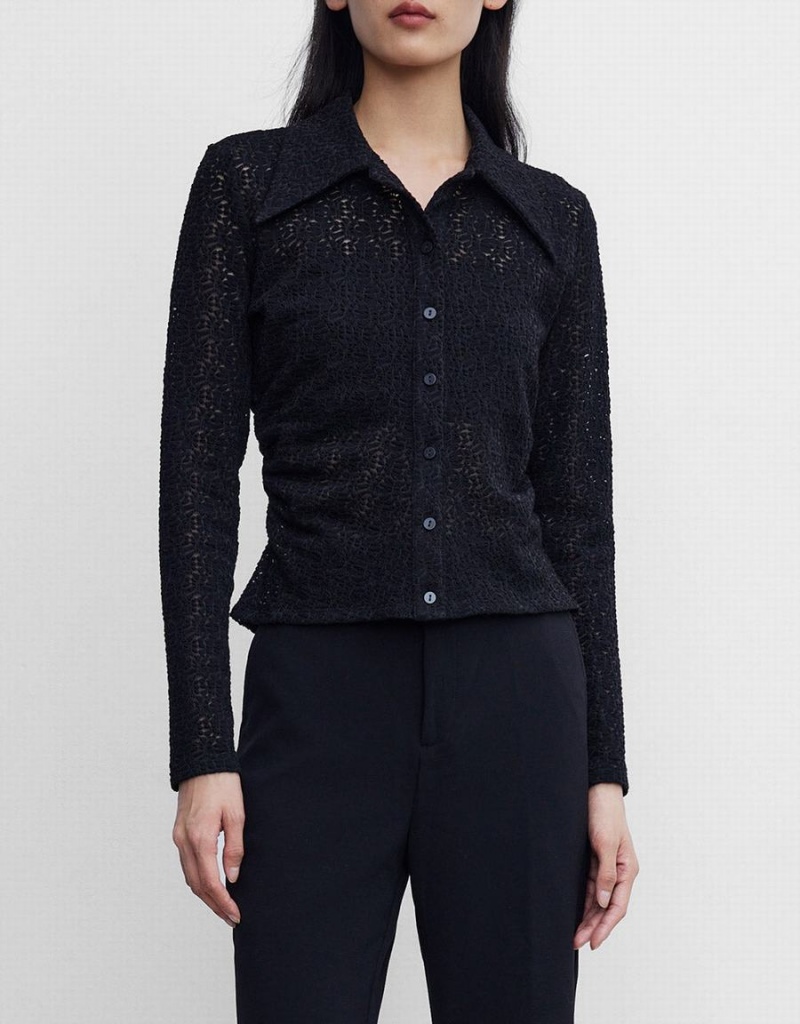 Black Women's Urban Revivo Ruched Button Up Fitted Shirts | YOG222YU