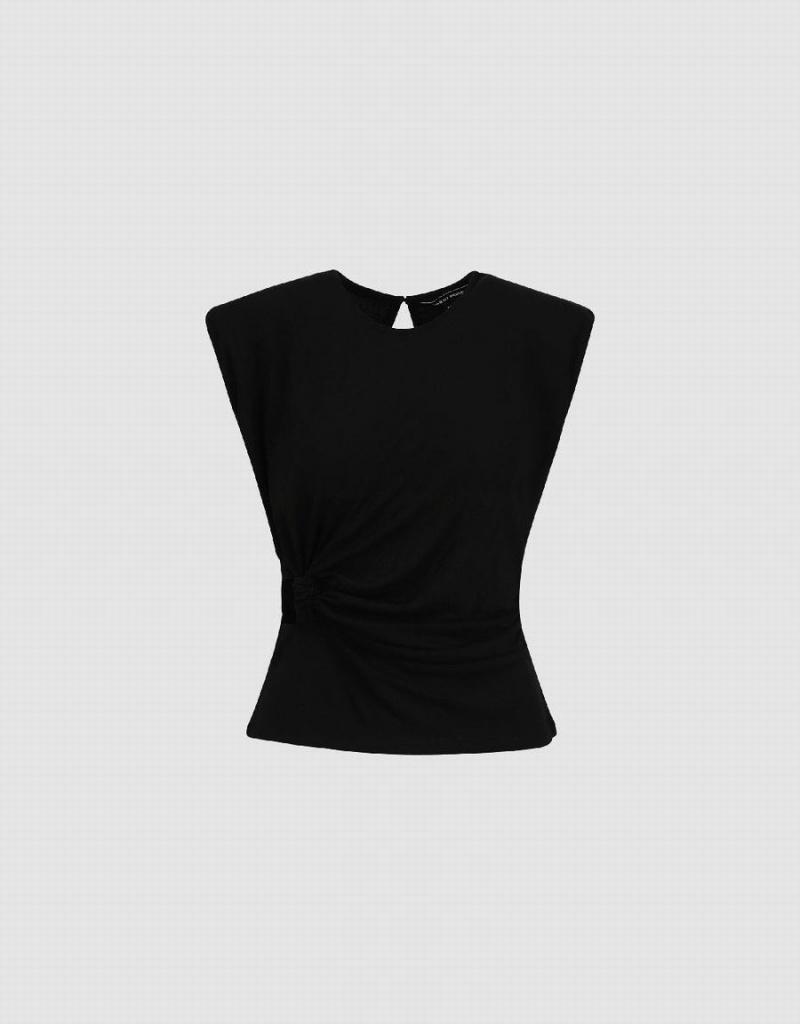 Black Women's Urban Revivo Ruched Crew Neck T Shirts | VBU844ZQ