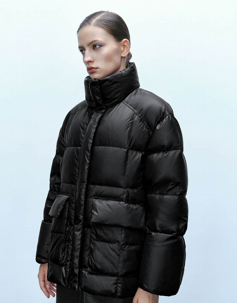 Black Women's Urban Revivo Stand Collar Puffer Jacket | OQI6395KX