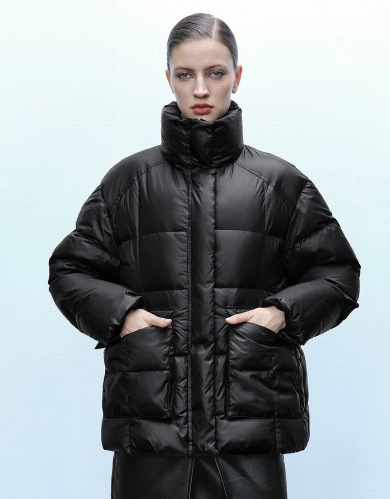 Black Women\'s Urban Revivo Stand Collar Puffer Jacket | OQI6395KX