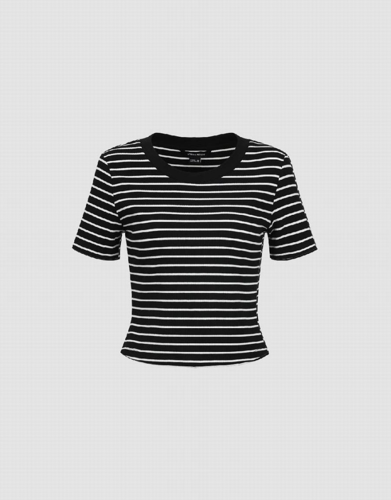 Black Women\'s Urban Revivo Striped Crew Neck Skinny T Shirts | BCT7523XY