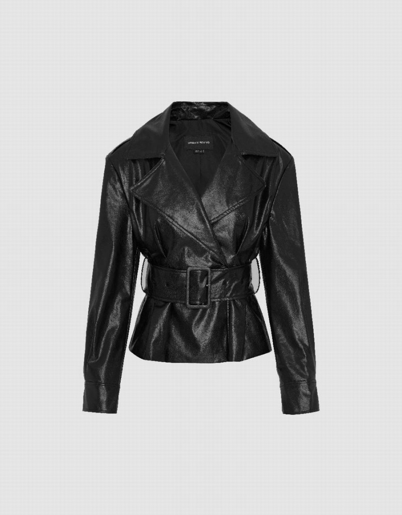 Black Women's Urban Revivo Vegan With Belt Leather Jackets | UMY2687ZP