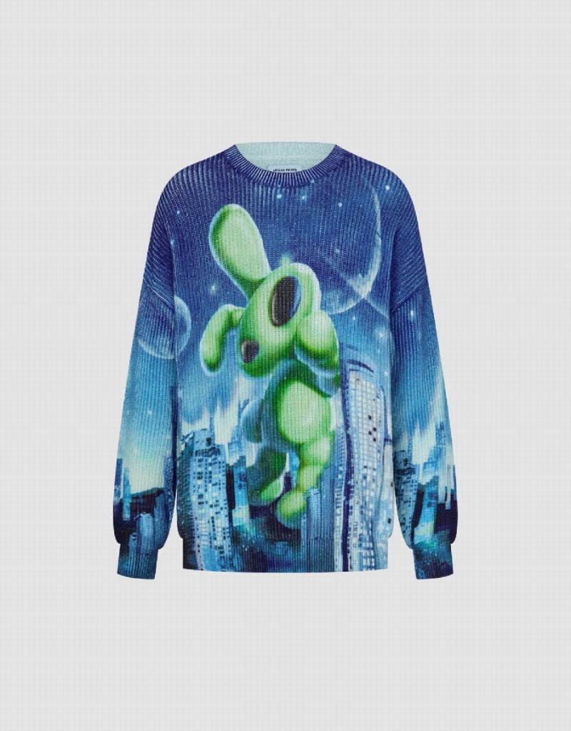 Blue Green Men's Urban Revivo Interstellar Bunny Printed Knitted Cardigan | GHS9563VS