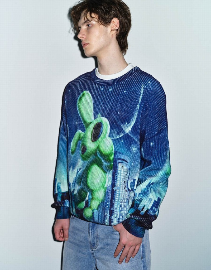 Blue Green Men's Urban Revivo Interstellar Bunny Printed Knitted Cardigan | GHS9563VS