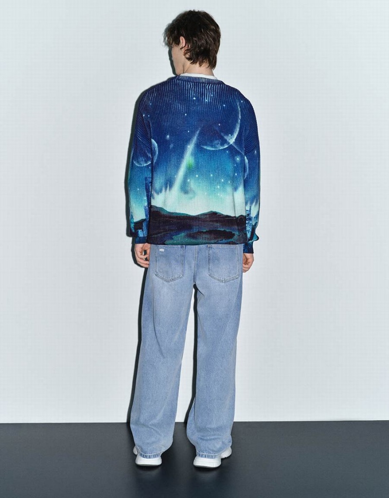 Blue Green Men's Urban Revivo Interstellar Bunny Printed Knitted Cardigan | GHS9563VS