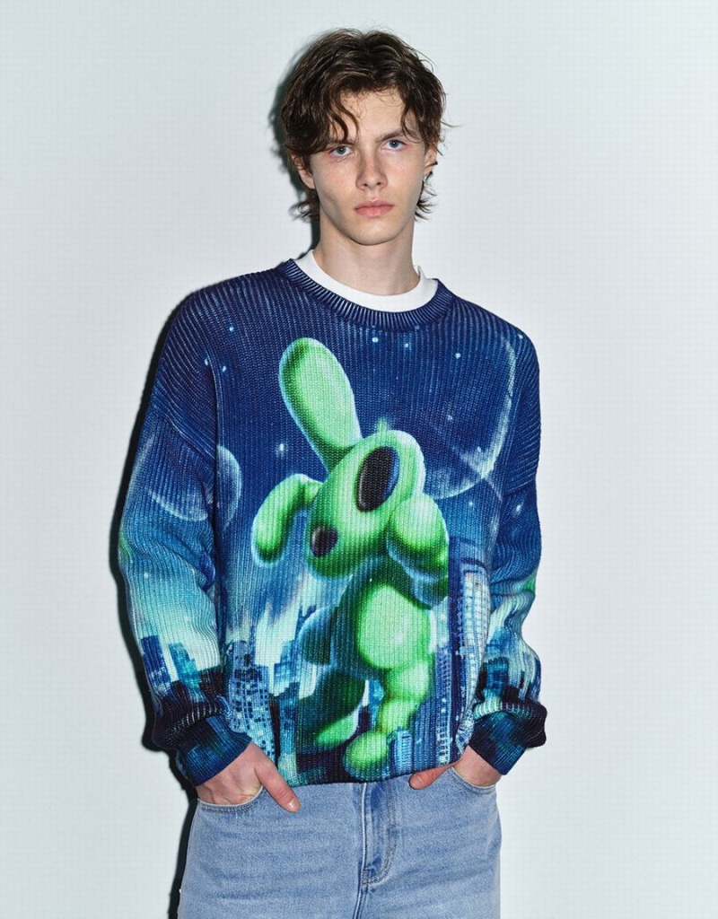 Blue Green Men\'s Urban Revivo Interstellar Bunny Printed Knitted Cardigan | GHS9563VS