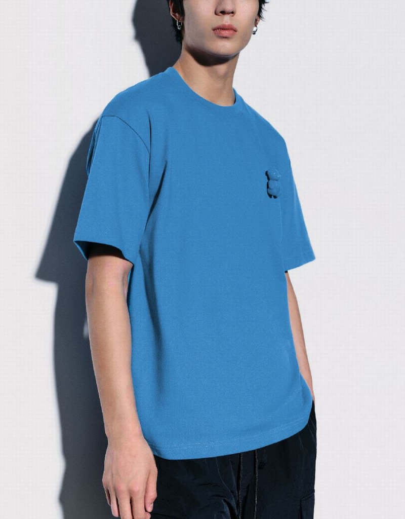 Blue Men's Urban Revivo Bear Detail Crew Neck T Shirts | UQU1886NR