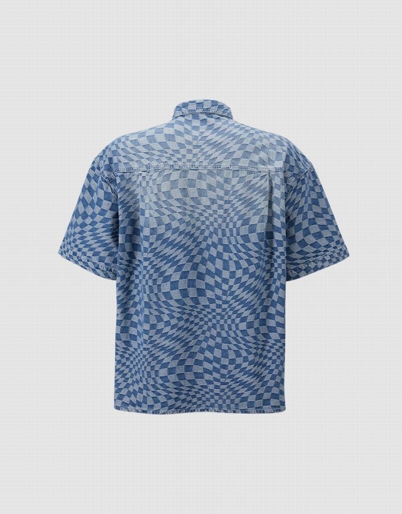 Blue Men's Urban Revivo Checkered Denim Shirts | YOD843UN