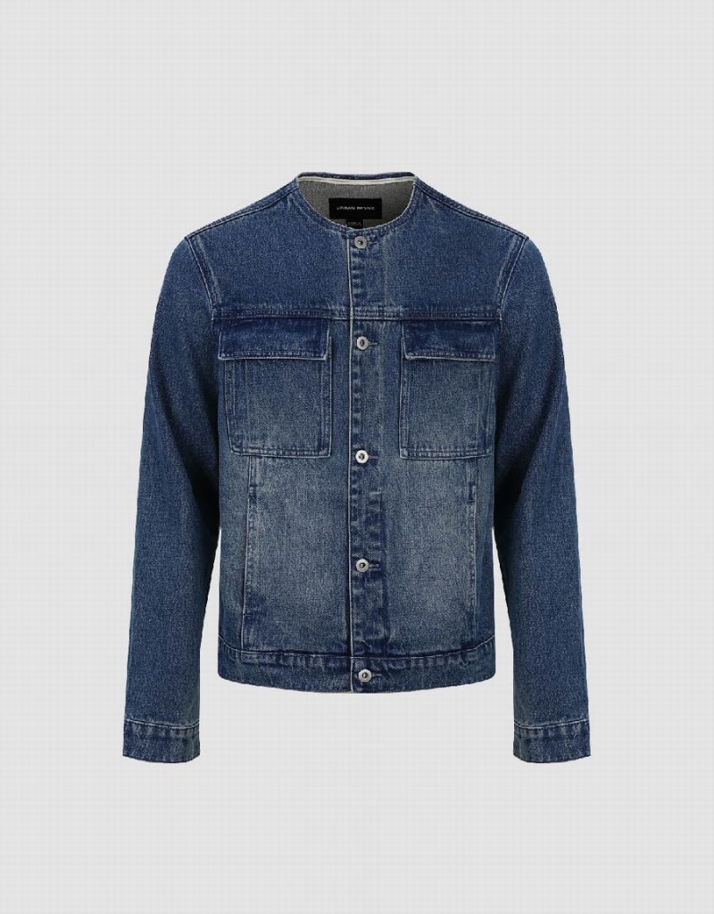 Blue Men's Urban Revivo Crew Neck Denim Jackets | CGI1025BZ