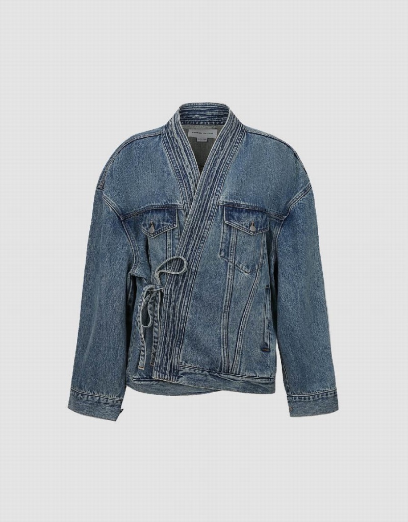 Blue Men's Urban Revivo Kimono Lapel Denim Jackets | JAP6022ZB