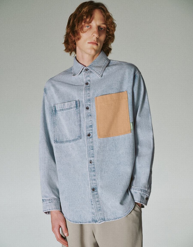 Blue Men\'s Urban Revivo Loose Denim Shirts | PMN8665II