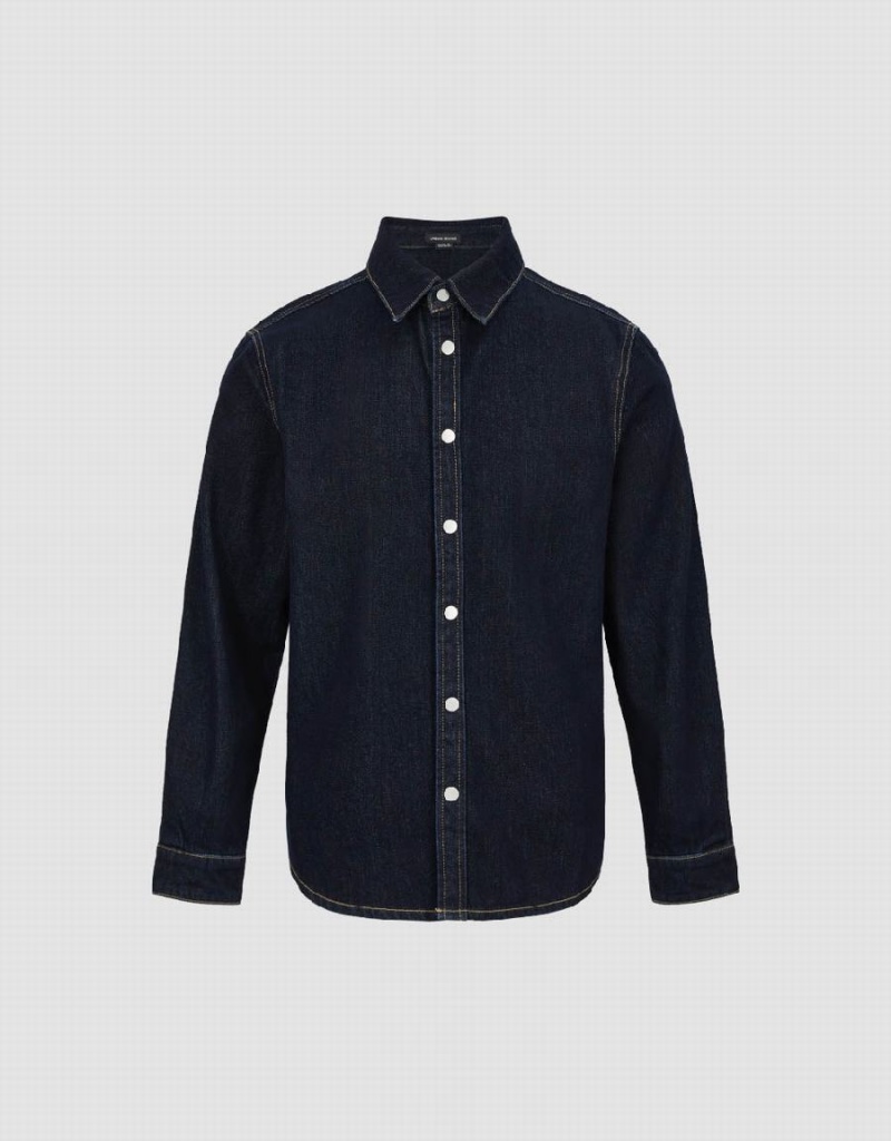 Blue Men's Urban Revivo Press Button Denim Shirts | VJW7343II