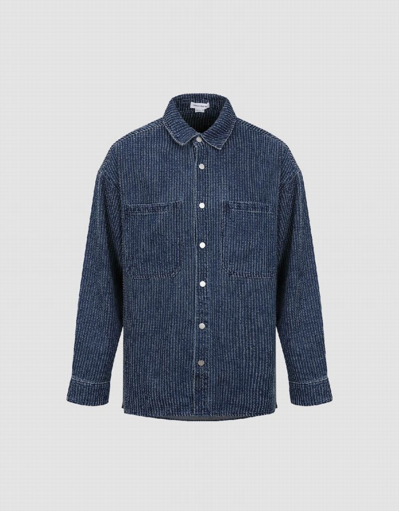 Blue Men's Urban Revivo Pressed Button Denim Shirts | UZB4632OR