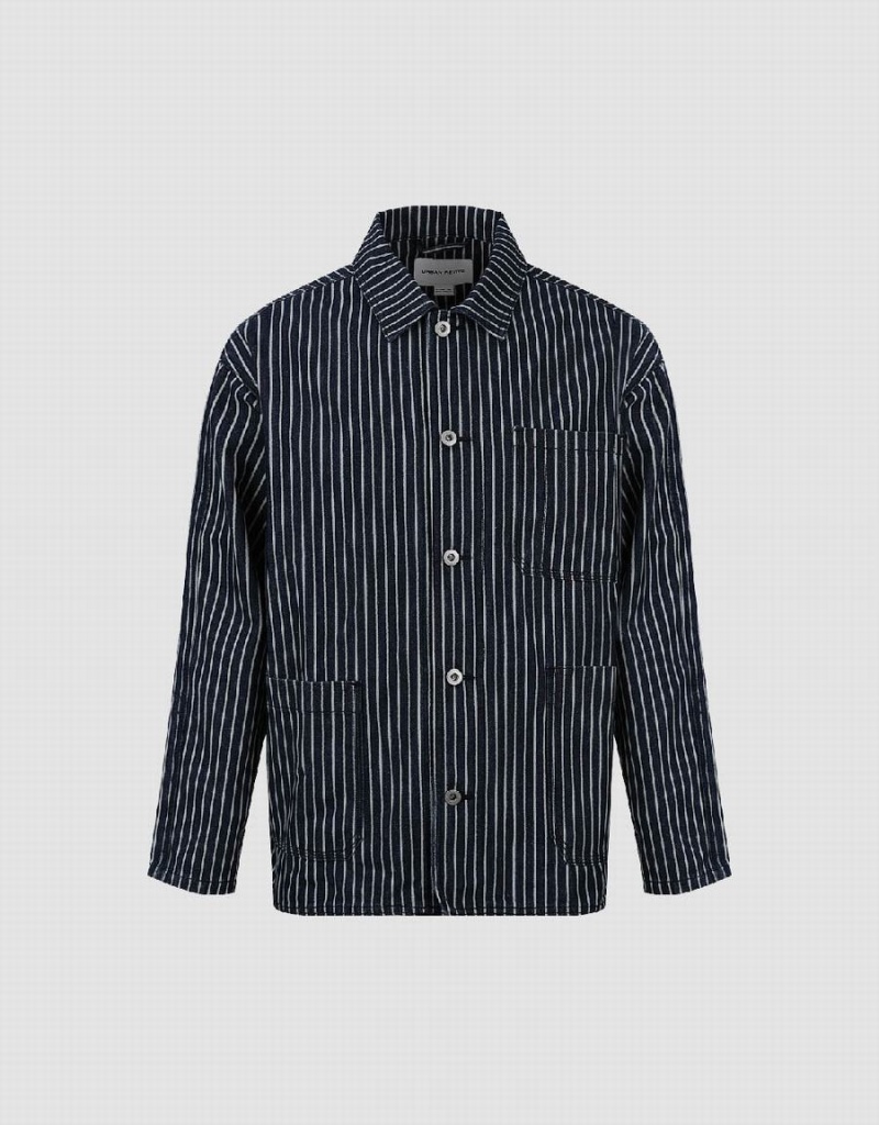 Blue Men's Urban Revivo Striped Denim Jackets | VQS9937UK