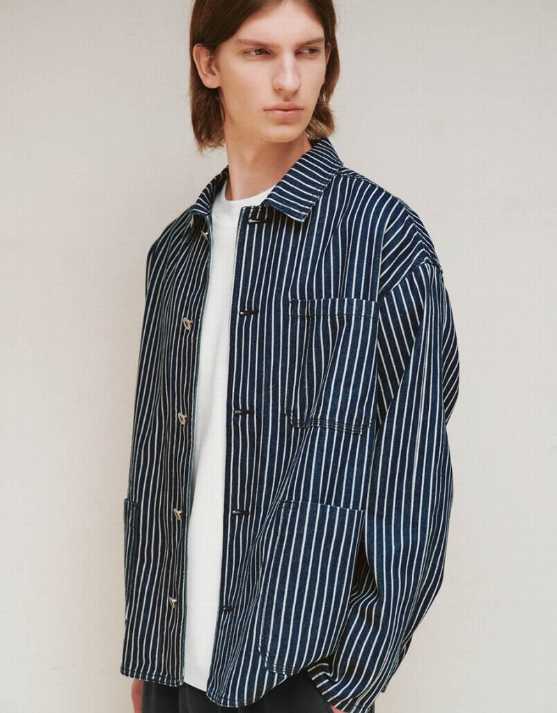 Blue Men's Urban Revivo Striped Denim Jackets | VQS9937UK