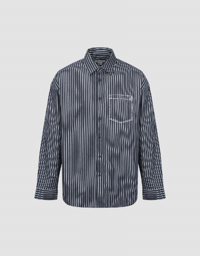 Blue Men's Urban Revivo Striped Loose Shirts | DUT6844ZT